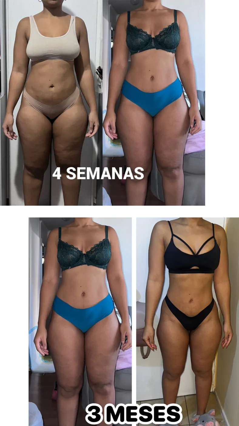 Progresión de una clienta en tres momentos, rotulada por ella misma sobre la imagen: el inicio, las cuatro semanas y los tres meses.