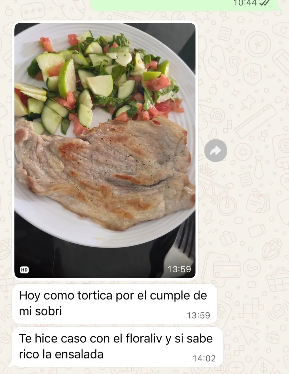 Foto por WhatsApp de un plato con carne asada y ensalada de pepino, tomate y manzana verde.